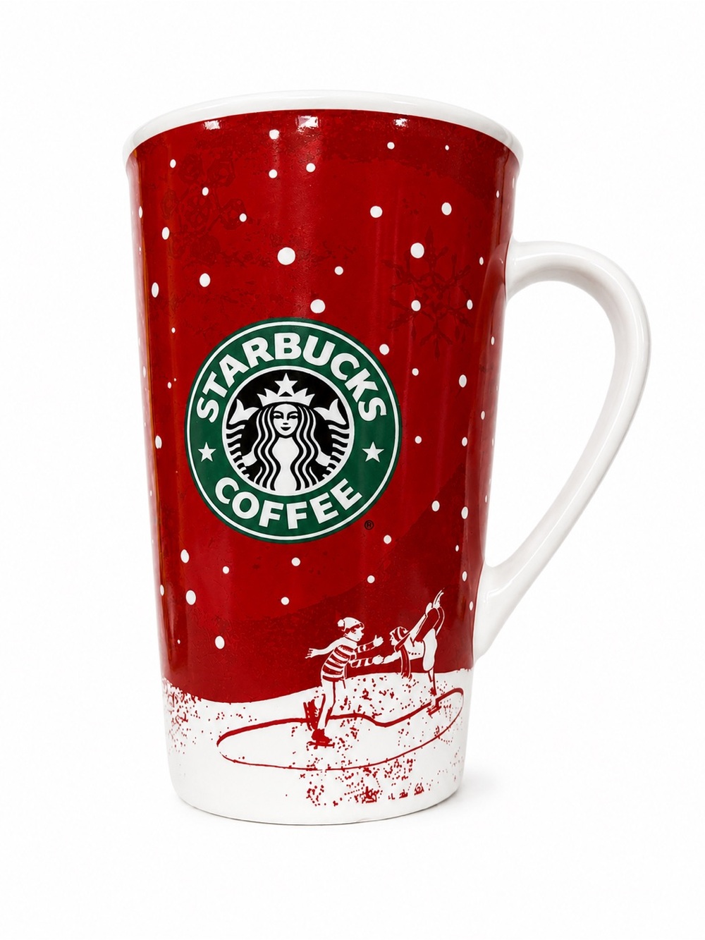 Starbucks 2007 Christmas Holiday Coffee Mug Red White Ice Skaters 16 oz Retired